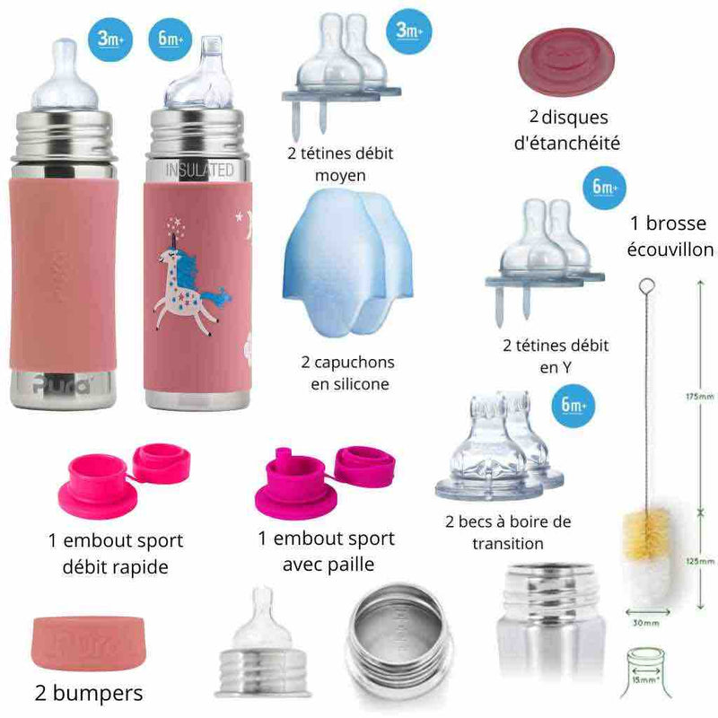 Kit biberons inox Pura évolution « Je grandis » rose - dès 3 mois - Biberon - Pura - Nature For Kids - 1