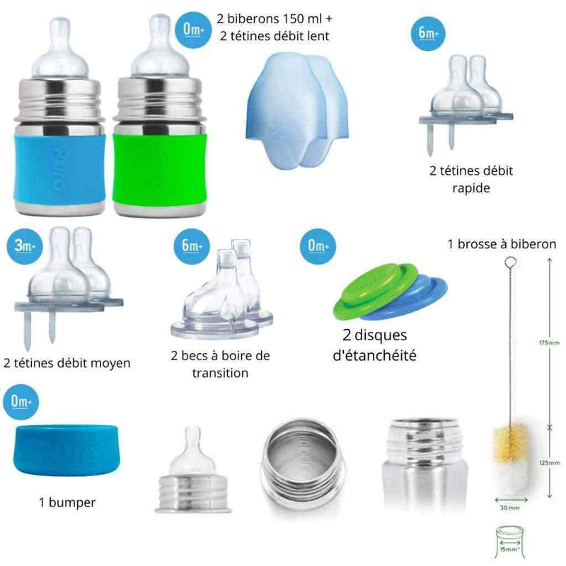 Starter - kit de Naissance biberons évolutifs inox 150ml bleu et vert - dès la naissance - puericulture - Pura - Nature For Kids - 1