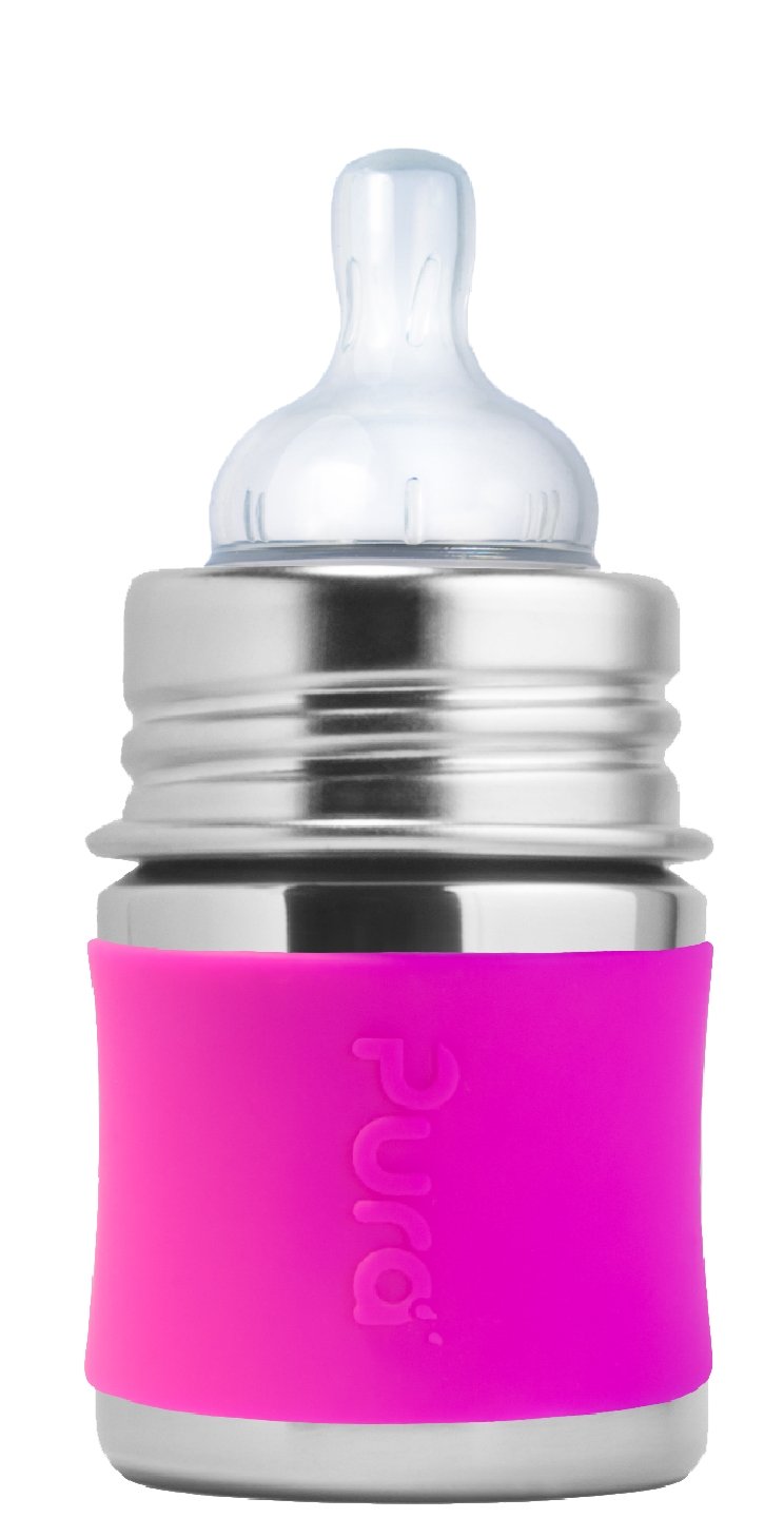 Biberon pour bébé évolutif INOX 150ml + tétine + manchon (différentes couleurs) - à partir de la naissance-Rose-Biberon-Pura-Nature For Kids-10
