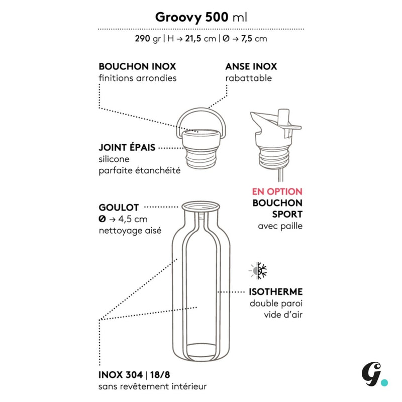 Gourde bouteille inox isotherme - modèle GROOVY 500 ml – pour toutes les soifs par tous les temps – dès 4 ans-Floral rose-Gourde-GASPAJOE-Nature For Kids-2